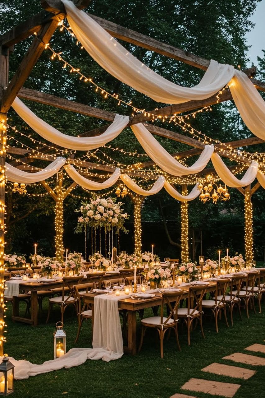 Pergola en bois habillée de voilages et de guirlandes lumineuses au-dessus d'une longue table dressée en jardin