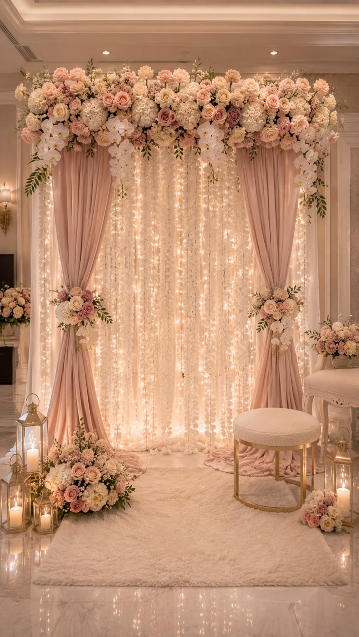 Rideau de guirlandes lumineuses encadré de drapés rose poudré et de fleurs