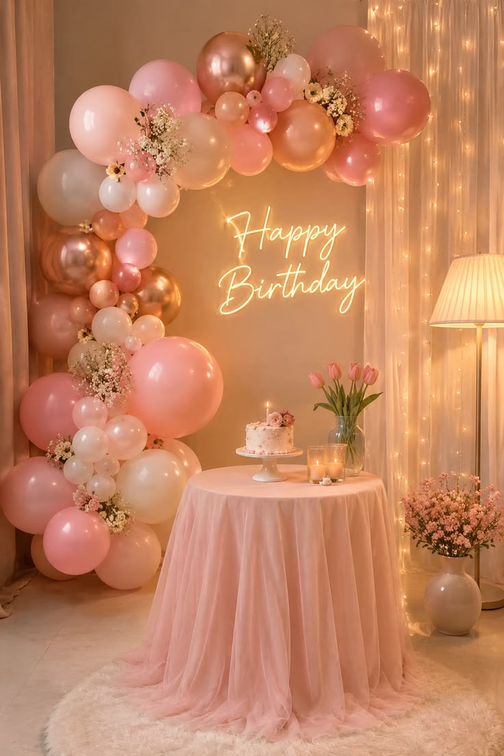 Décor d'anniversaire : arche de ballons roses, néon « Happy Birthday » et gâteau